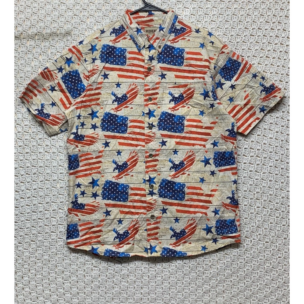 RedHead Short-Sleeve Button-Down Shirt in Red, Blue, Cream